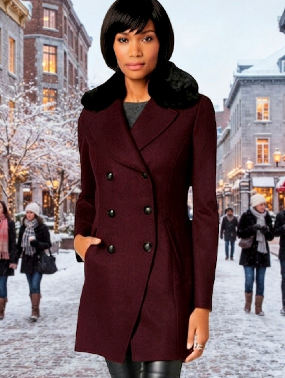 INC International Concepts Plum Wool Faux Fur Collar Peacoat Mid Weight Large
